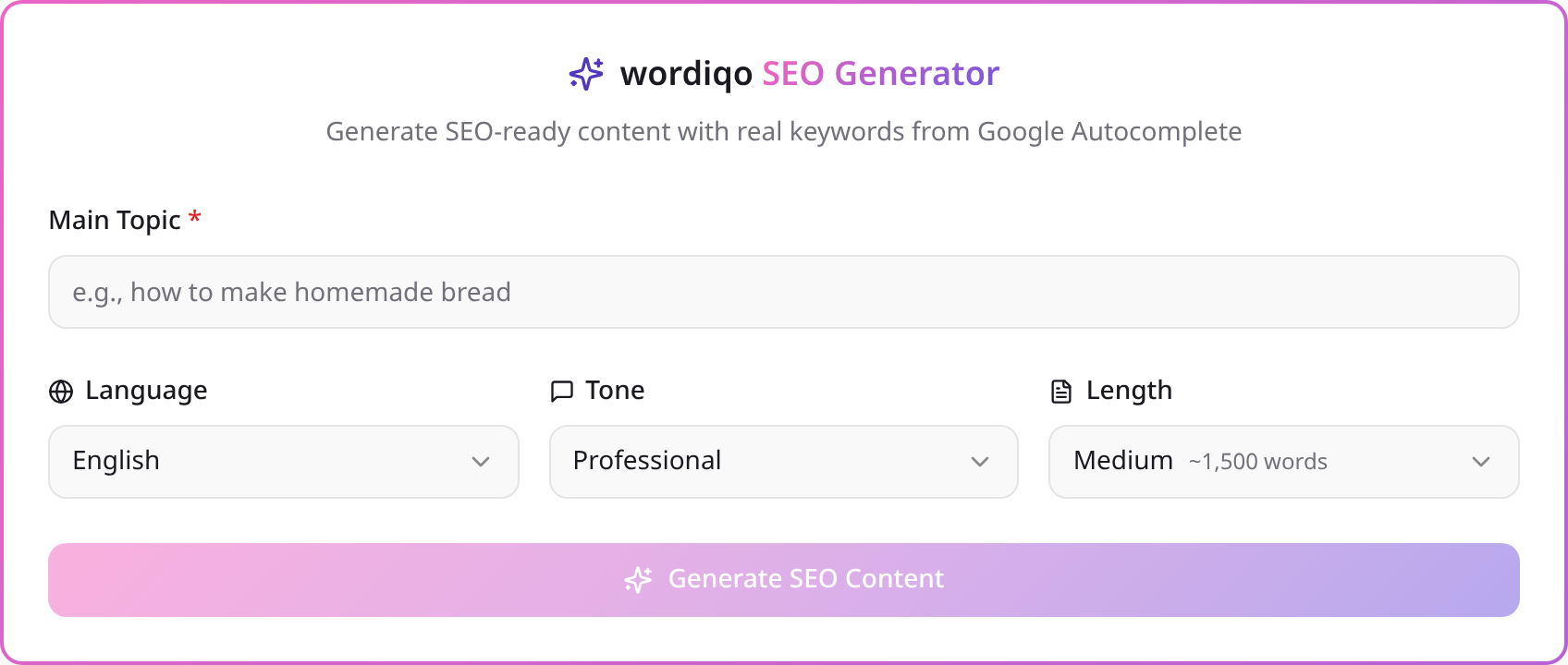 wordiqo SEO generator form with fields for main topic, language, tone and article length