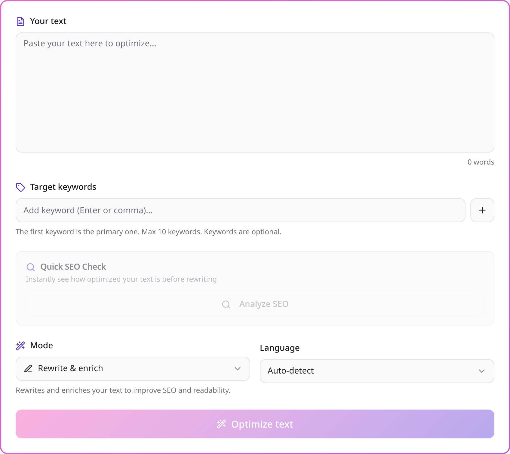 The wordiqo SEO optimizer with a text area, target keyword input and a Quick SEO Check panel